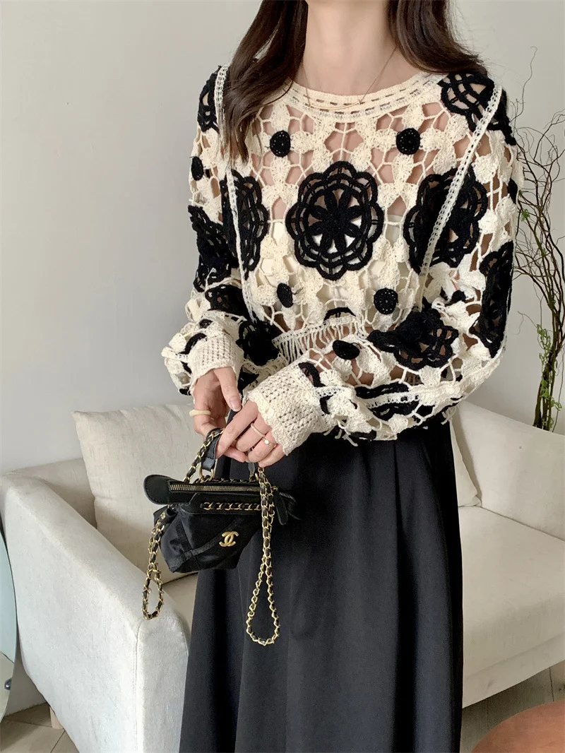 Maglione Retro Girocollo All'uncinetto con Nappe e Maniche Lunghe – Top Elegante e Versatile per un Look Originale — foto 7