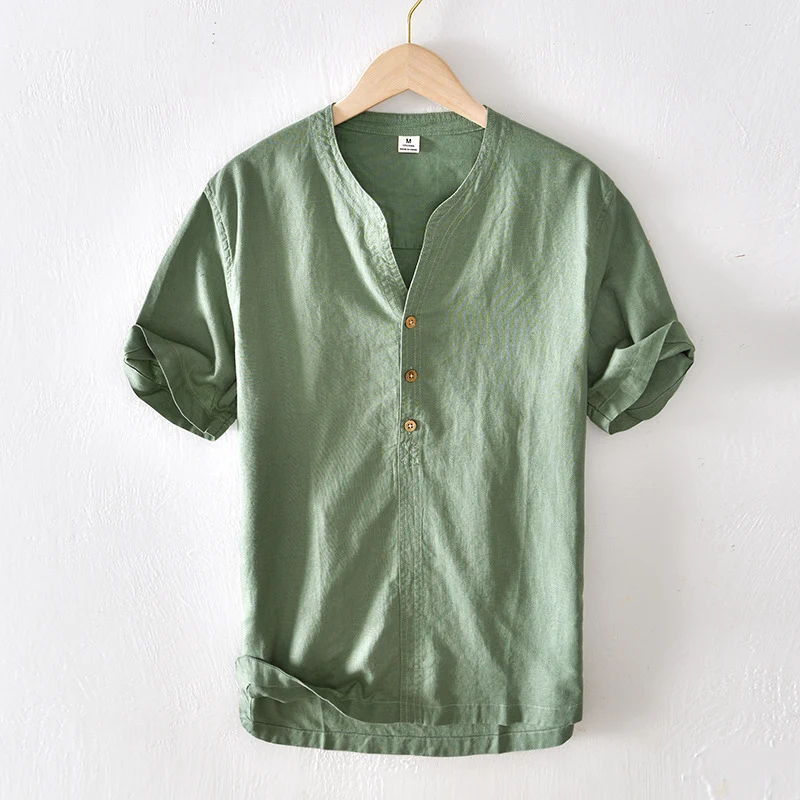 Men's stand collar solid color pullover short sleeve cotton and linen shirt, a comfortable, breathable summer essential. — photo 8