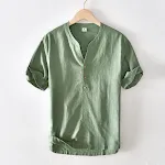 Men's stand collar solid color pullover short sleeve cotton and linen shirt, a comfortable, breathable summer essential. — photo 8