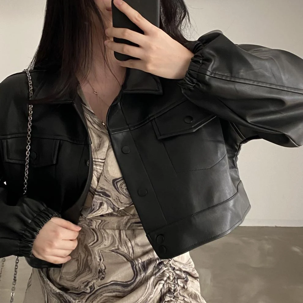 Title 15, Chic Lapel Double Pocket Leather Top Leather Co...