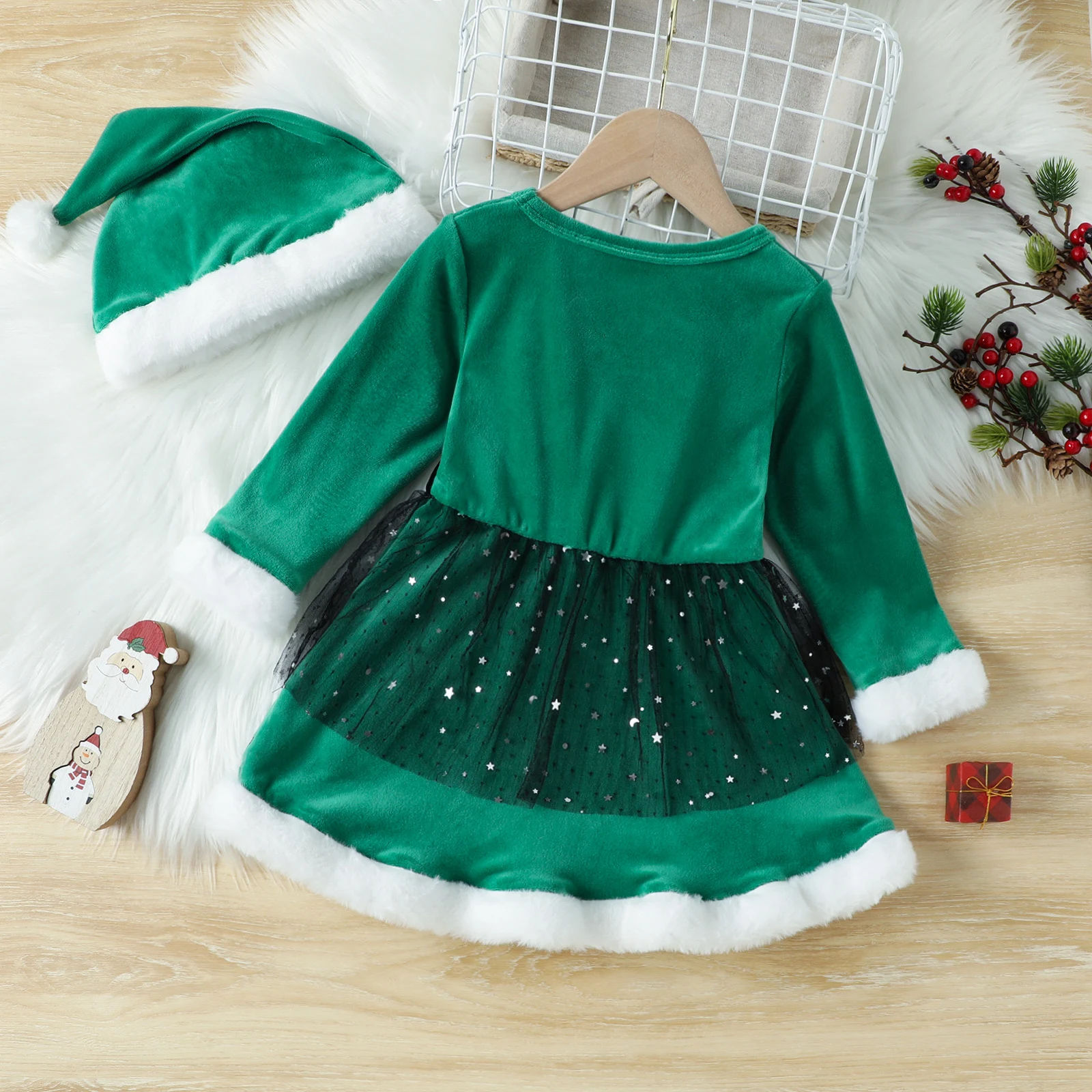 Title 13, Vestido coreano de terciopelo navideño de manga...