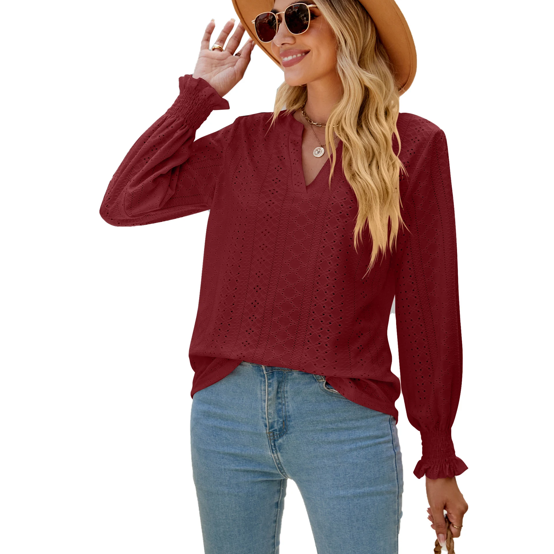 Women's solid color hollow-out pleated ruffle shirts with V-neck and long sleeves. Loose fit tops perfect for a casual y — photo 14