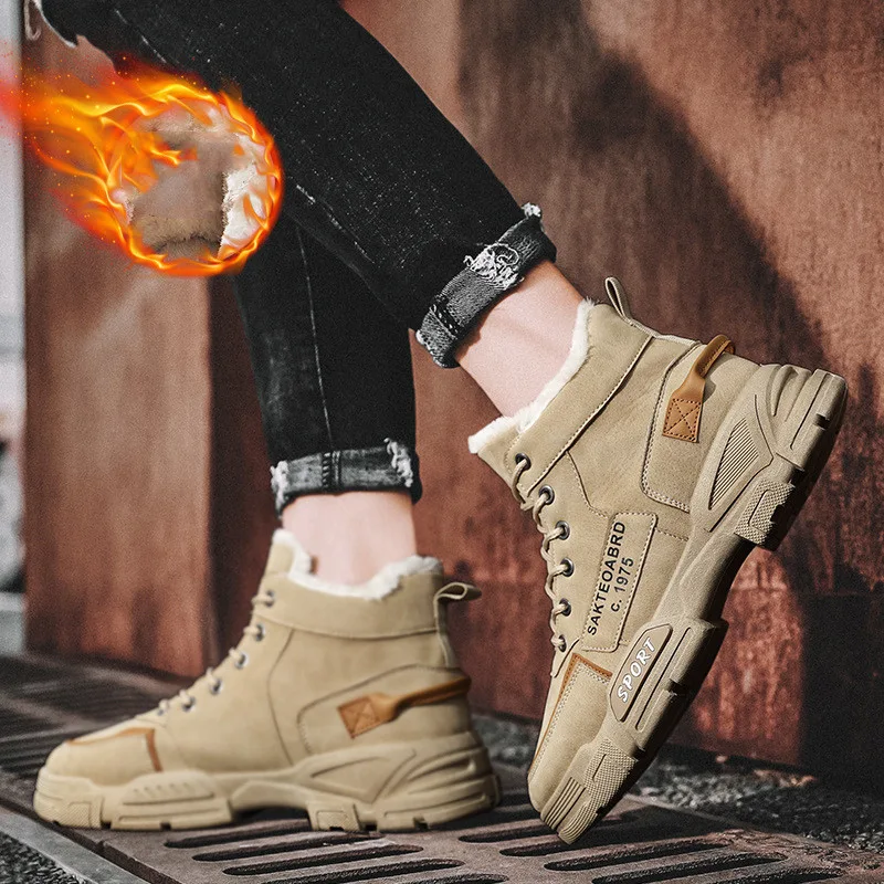 Heren winter pluche sneeuwlaarzen, fluwelen verdikte warme katoenen schoenen, casual trendy high-top werklaarzen voor de winter — foto 1