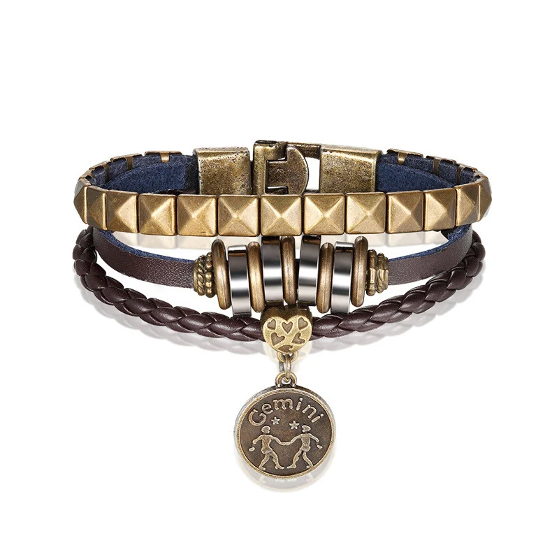 Herenarmband met 12 sterrenbeelden, Europese en Amerikaanse mode trend, handgeweven multi-layer leer en metalen accessoires. — foto 10
