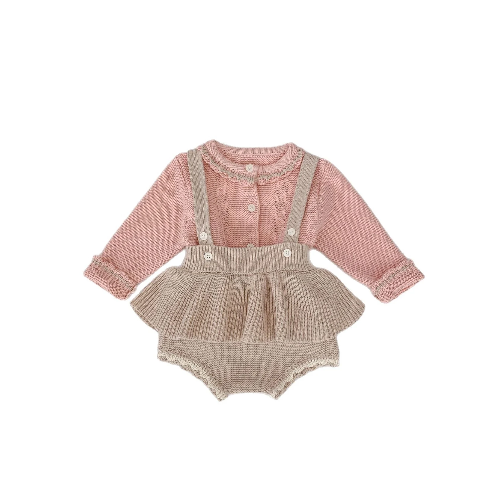 Conjunto de tricô para bebê menina primavera, cardigã com cores contrastantes, saia com suspensório e calças, duas peças adoráveis. — foto 2