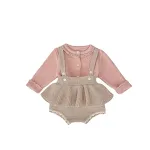 Conjunto de tricô para bebê menina primavera, cardigã com cores contrastantes, saia com suspensório e calças, duas peças adoráveis. — foto 2