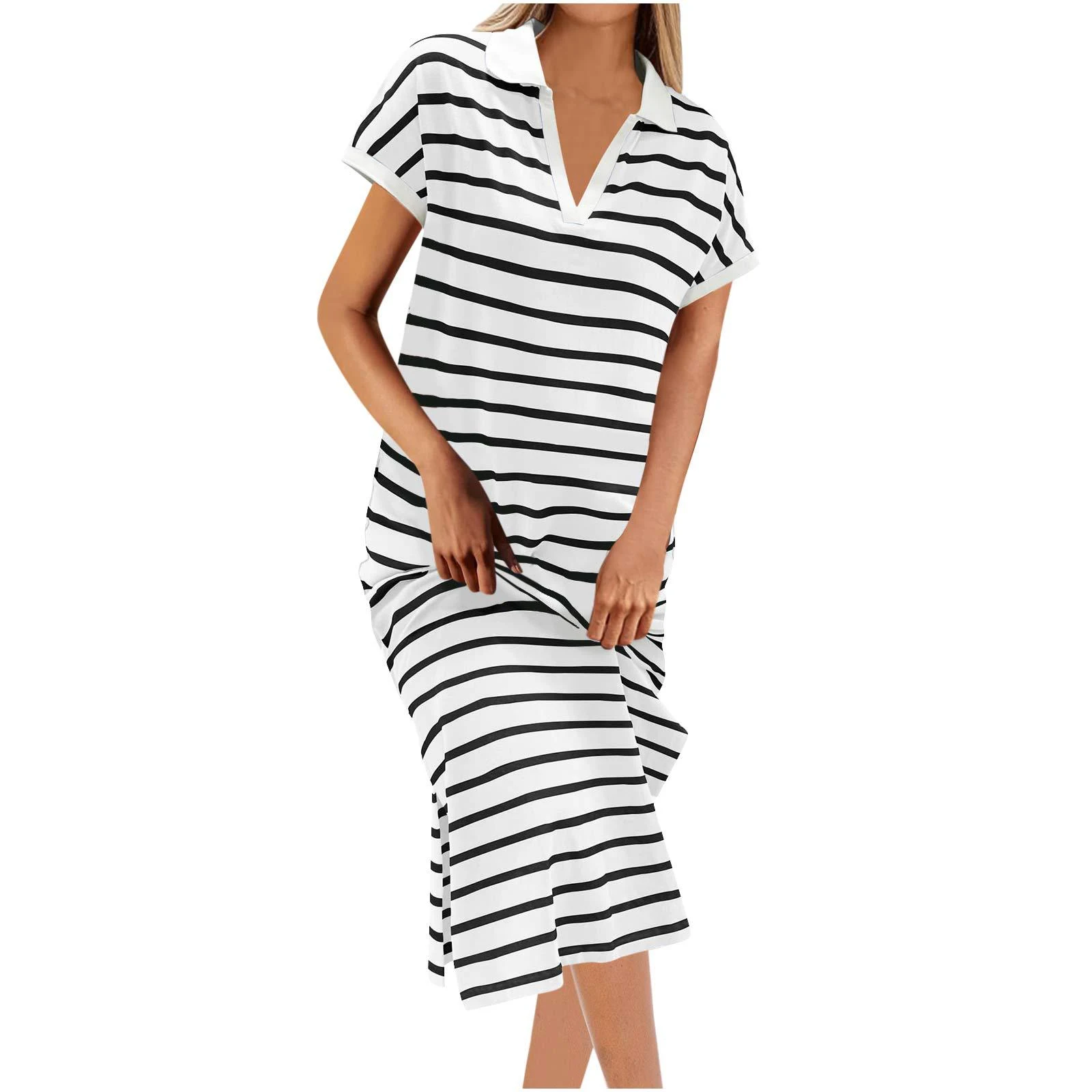 Title 8, Polo Collar Stripes Short Sleeve Split Long Dress