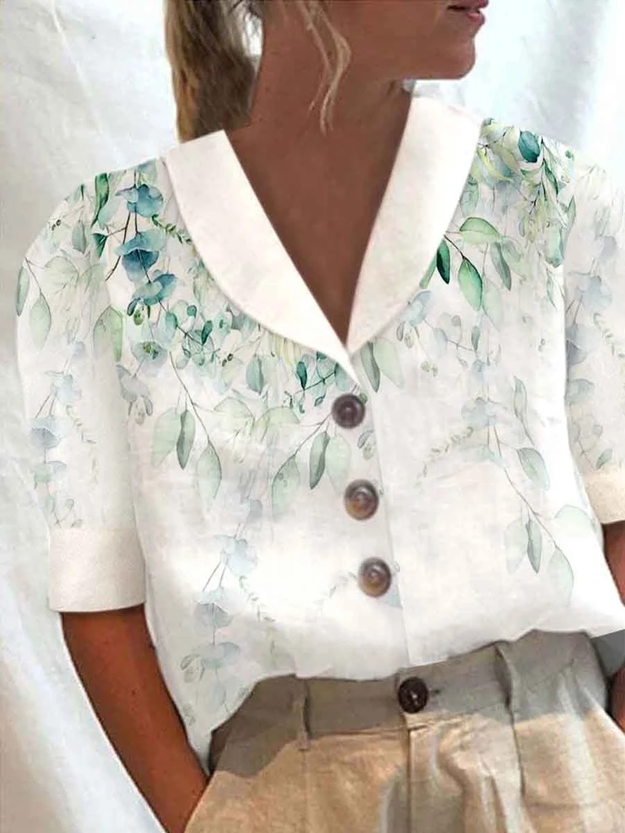 Dames katoen-linnen overhemd met opstaande kraag, knopen, halve mouwen en print. Casual en comfortabel voor dagelijks gebruik. — foto 11
