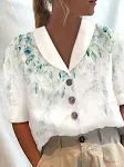 Dames katoen-linnen overhemd met opstaande kraag, knopen, halve mouwen en print. Casual en comfortabel voor dagelijks gebruik. — foto 11