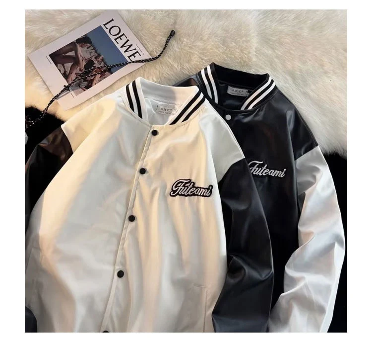 Jaqueta masculina de couro PU patchwork outono inverno estilo Hong Kong com bordado casual. Conforto e estilo para o seu dia a dia. — foto 5