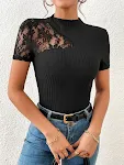 Women's slim-fit slimming lace patchwork short-sleeved T-shirt. This top provides a flattering fit, enhancing your figur — photo 6