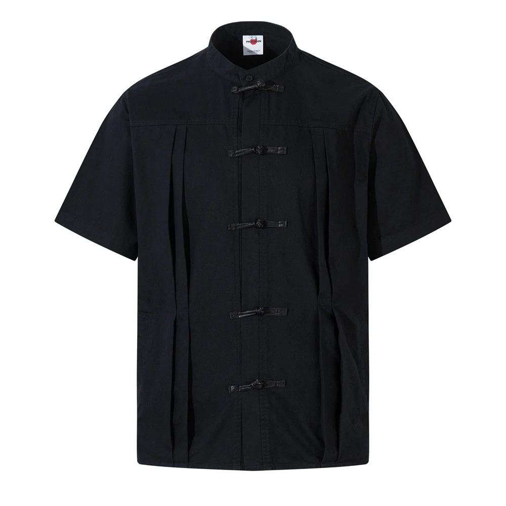 Men's Pleated Short Sleeves Shirt with Loose Buckle, offering a relaxed fit and casual style, perfect for everyday wear. — photo 6