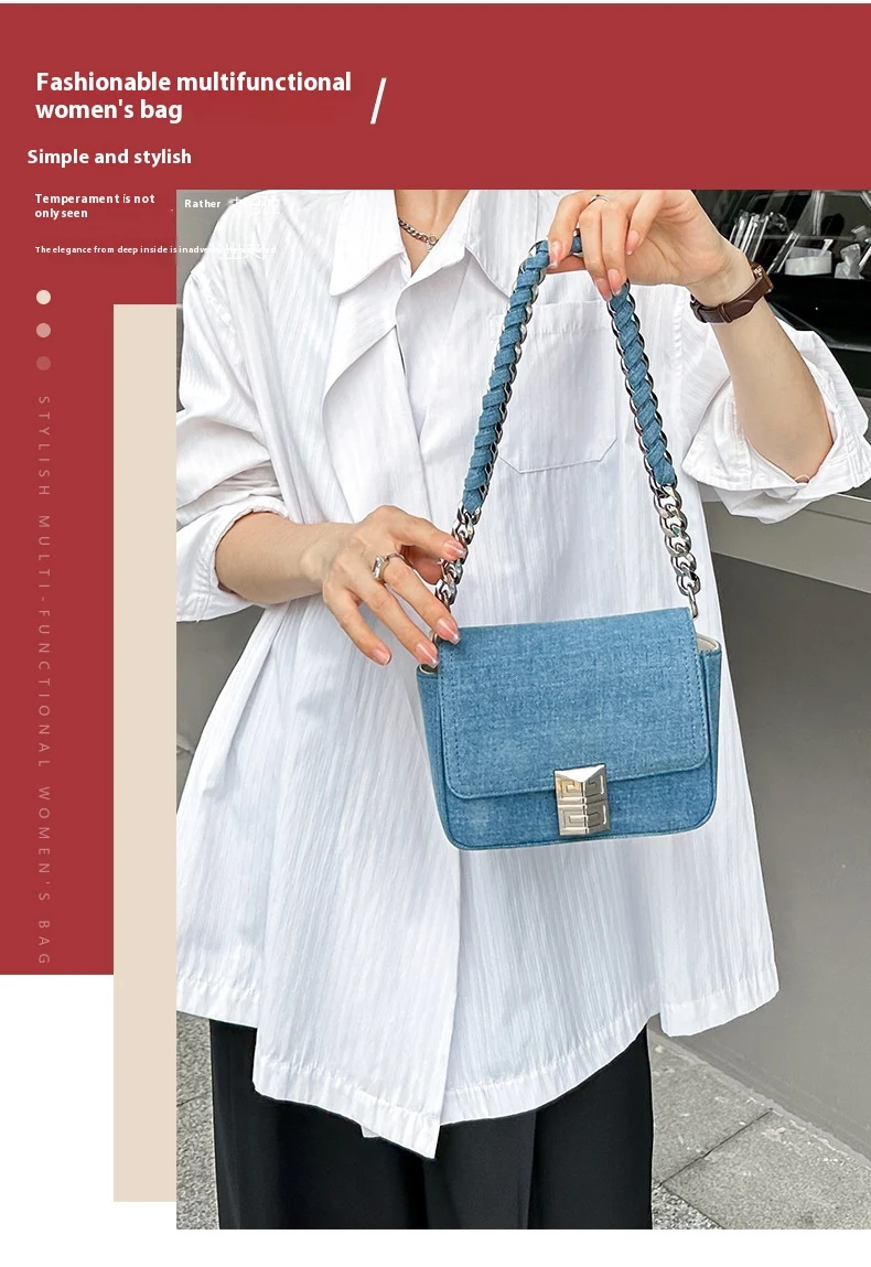 Bolsa feminina de ombro retrô com corrente e denim. Design underarm charmoso e elegante. Perfeita para um visual moderno e sofisticado no dia a dia. — foto 11