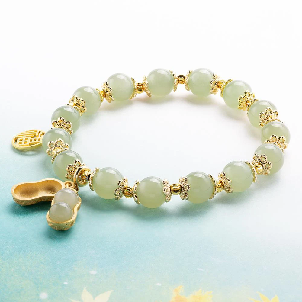 Pulseira feminina de jade Hotan amendoim com pingente de corrente completa. Beleza natural e elegância para realçar seu estilo e bem-estar diário. — foto 3