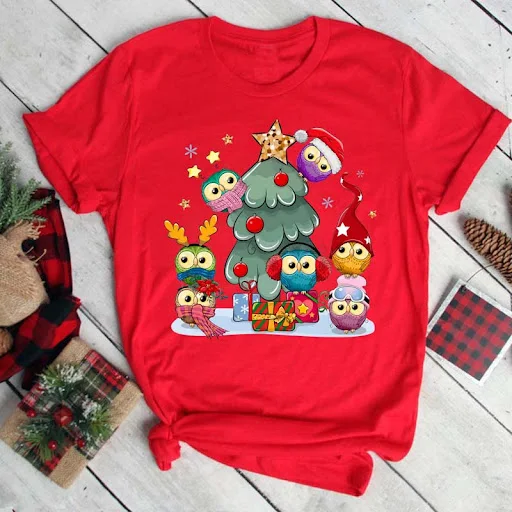 Title 3, Christmas Penguin Owl Print Womens Black T-Shi...