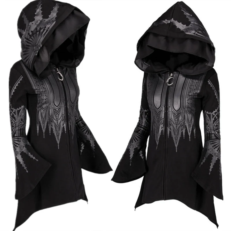 Sudadera con capucha de Halloween para mujer, suéter largo estampado Punk negro con capucha — foto 8