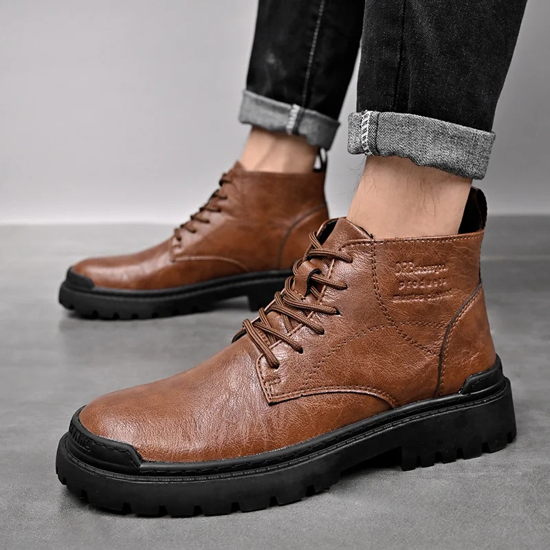 Title 1, Mens Leather Martin Boots High-top British Sty...