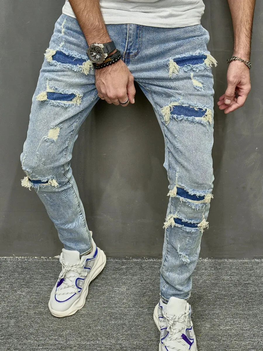 Jeans Skinny Stretch Desgastada Masculina de Alta Qualidade, Conforto e Ajuste Perfeito. Calças Jeans Modernas e Estilosas para Homens. — foto 1
