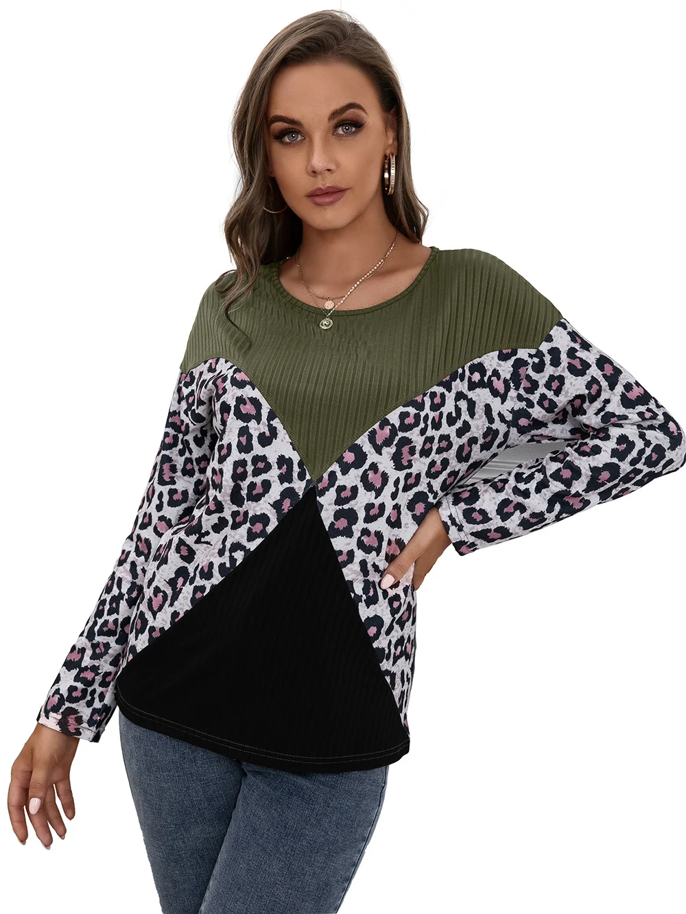 Title 21, Leopard Print Stitching Casual Loose Long Sleev...