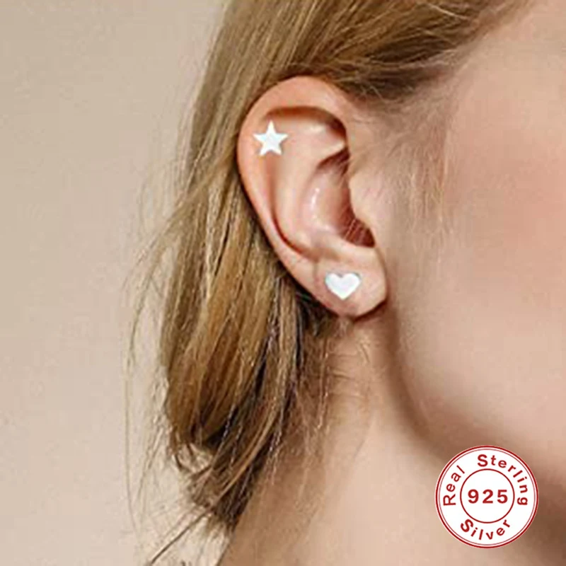 S925 Sterling zilveren oorstekers set, mini geometrisch hart, ster en maan. Compacte schoonheid voor dagelijks gebruik. — foto 9