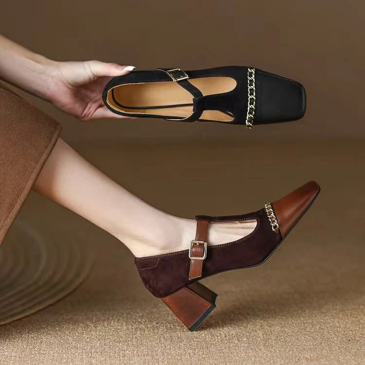 Title 6, Sapatos Femininos Retrô de Boca Rasa e Sola Grossa