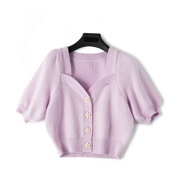 Summer New Style Swan Neck Flower Buckle Puff Sleeve Retro Knitted Cardigan Shirt Women — photo 4