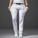 Jean homme clair, coupe droite ample, ultra-fin, élastique, pour l'été. Pantalon décontracté bleu et blanc, mi-âge. — photo 2