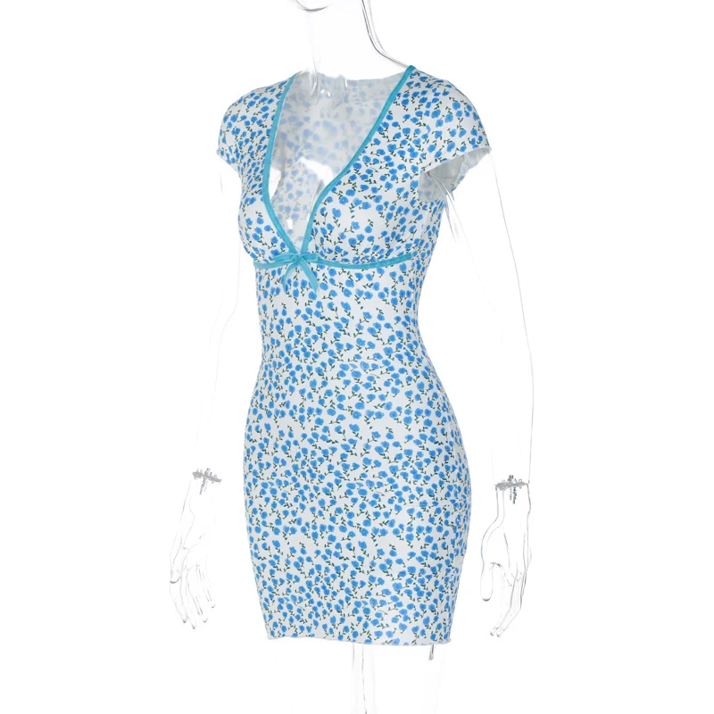 Lady's sexy deep V-neck tight sweet short sleeve sheath dress. A flattering and stylish choice for various occasions, hi — photo 9