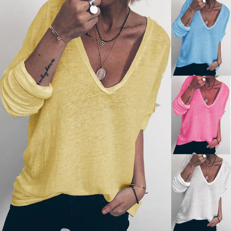 Title 11, Womens Casual Loose Long Sleeve Solid V-Neck P...