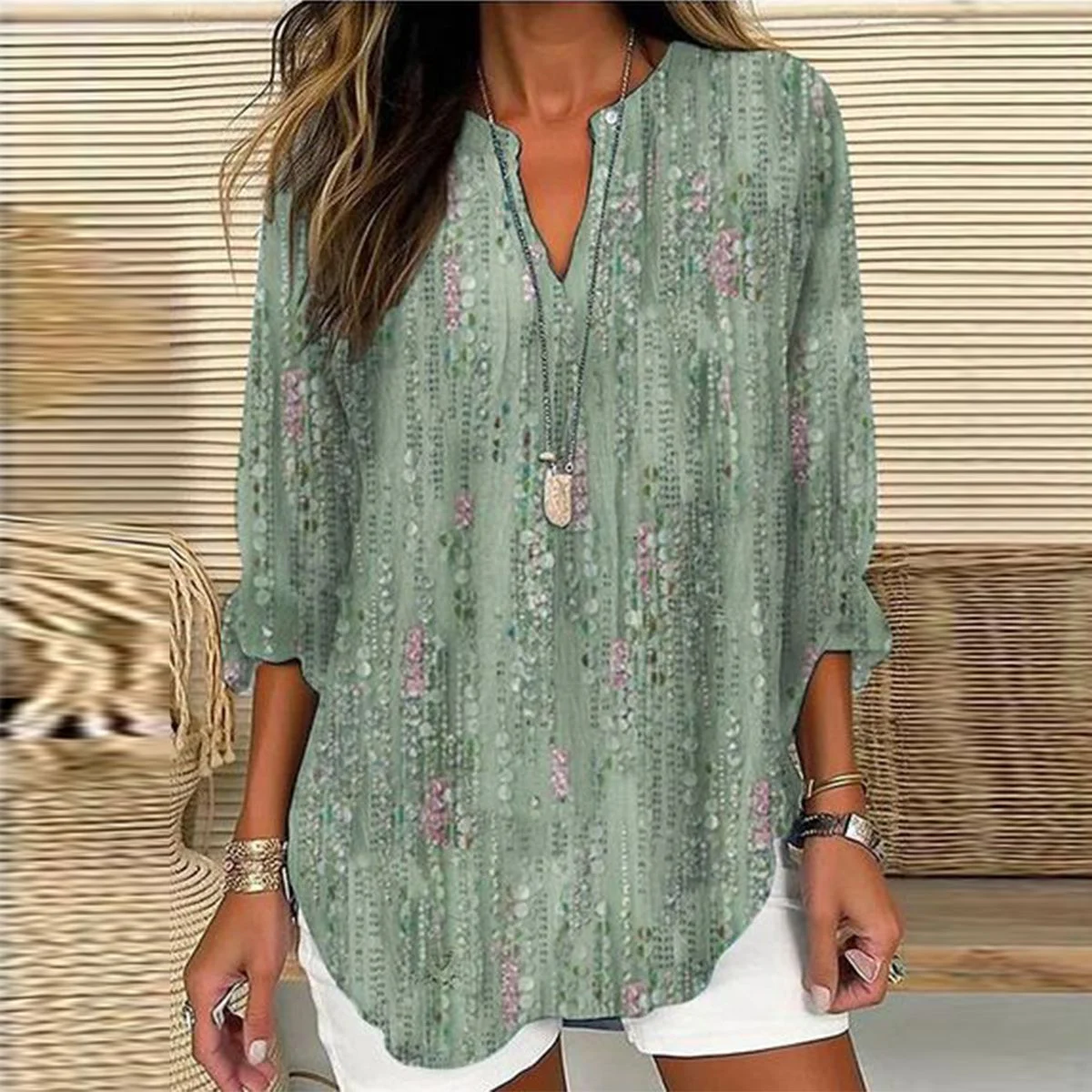 Independence Day floral simple casual elegant V-neck long sleeve T-shirt. Perfect for a relaxed yet stylish look and com — photo 1