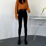 Calças jeans femininas de cintura alta com forro de fleece para outono e inverno, conforto e estilo para seus pés. — foto 1
