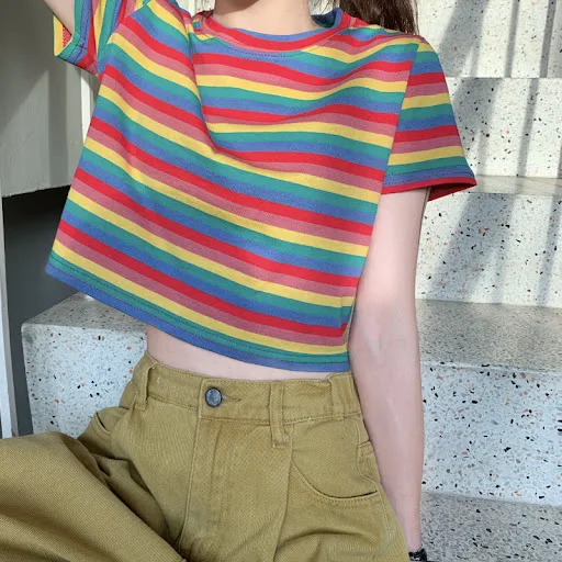 Title 3, Loose Rainbow Stripes Short Sleeve T-shirt Top ...