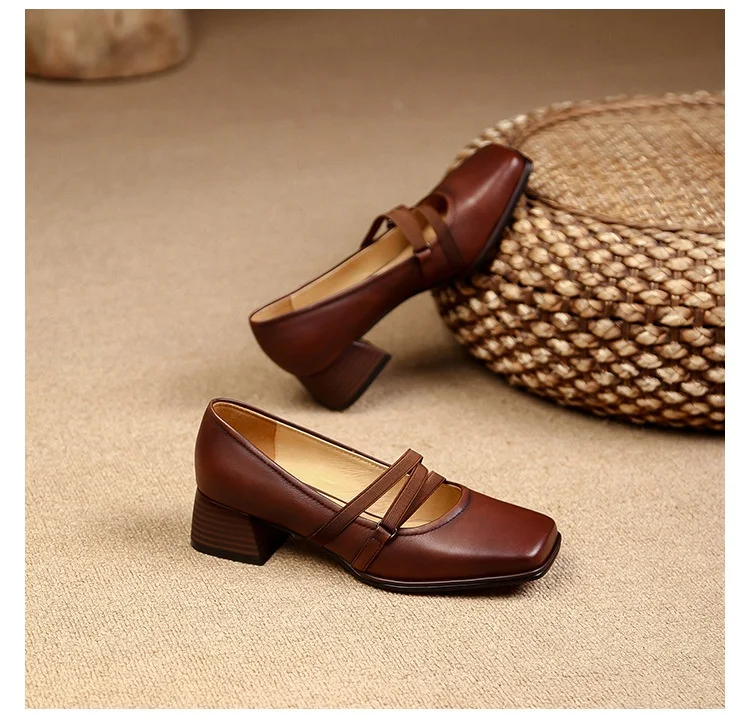 Title 20, Womens Retro Brown Square Toe Low-cut Shoes wi...