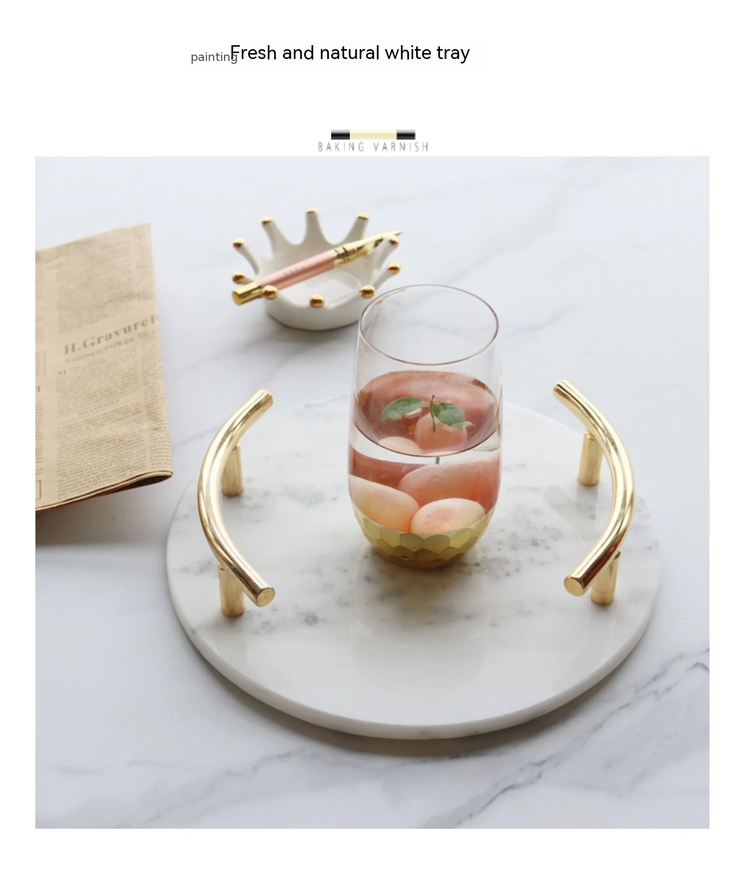 Bandeja redonda de mármore com alça de metal para jantar Sirva com elegância e adicione um toque sofisticado à sua mesa. — foto 5