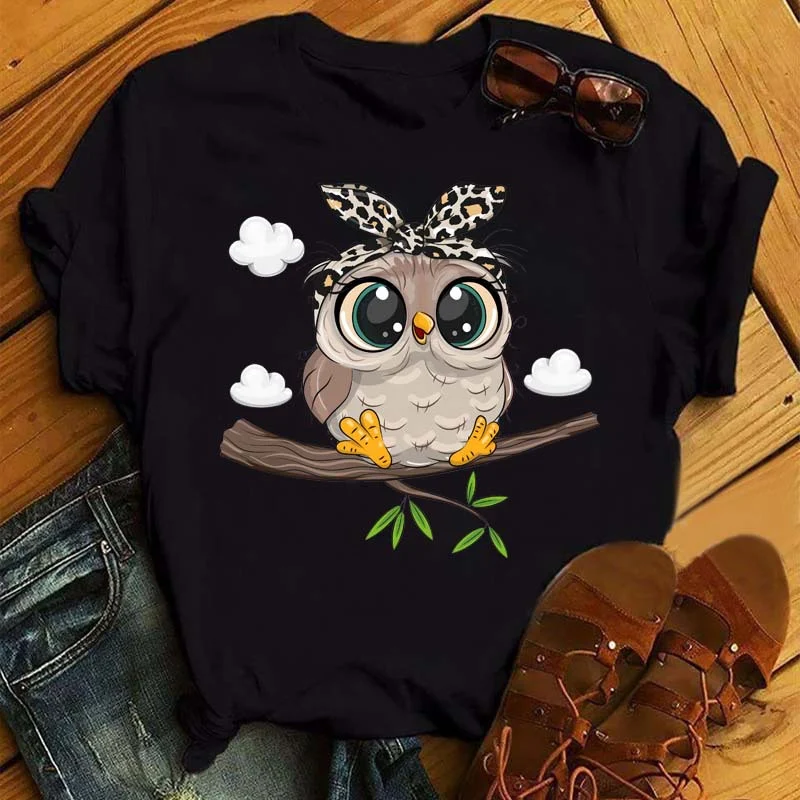 T-shirt casual a maniche corte con stampa gufo da donna — foto 10