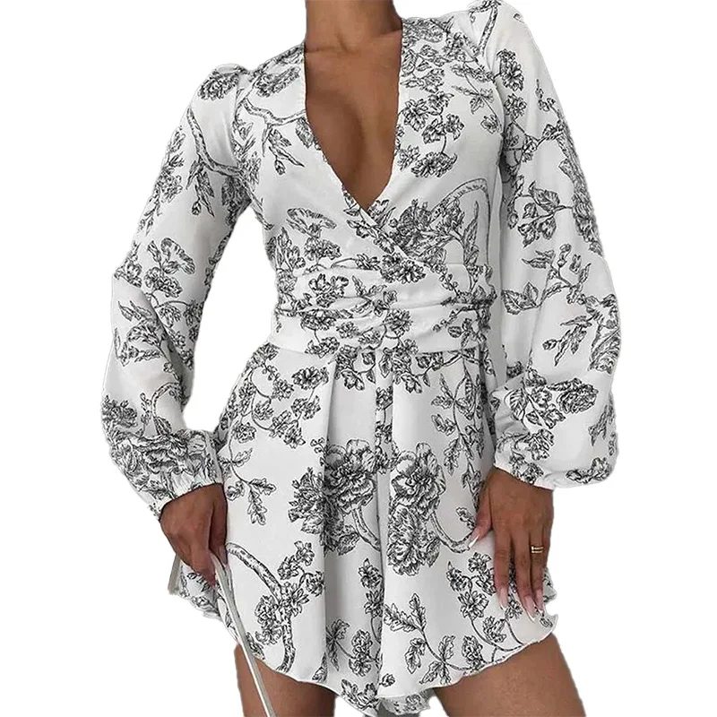 Title 6, Womens Sexy V-neck Printed Lantern Sleeve Wais...