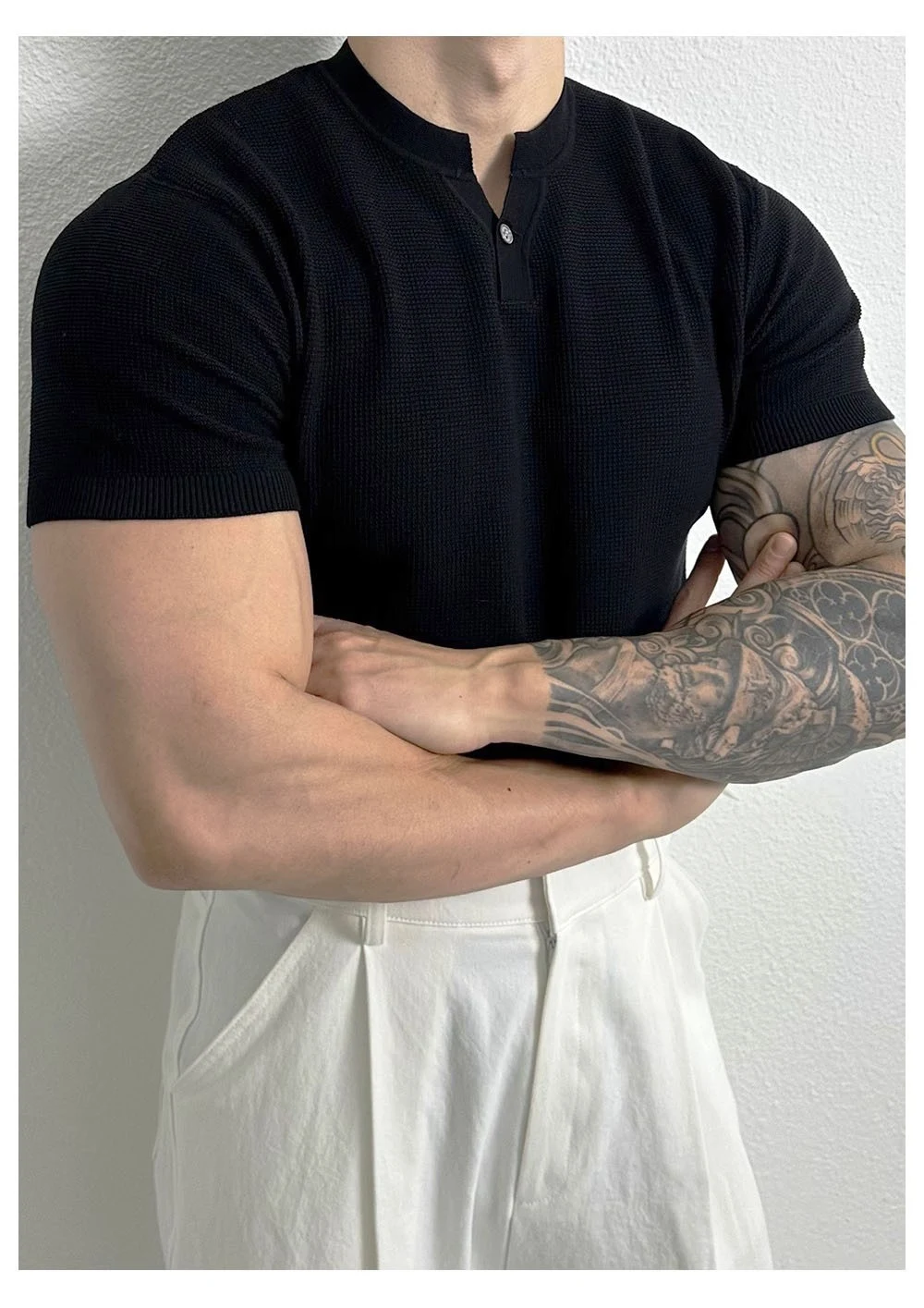 Title 17, Suéter masculino de malha com gola Henry, corte...