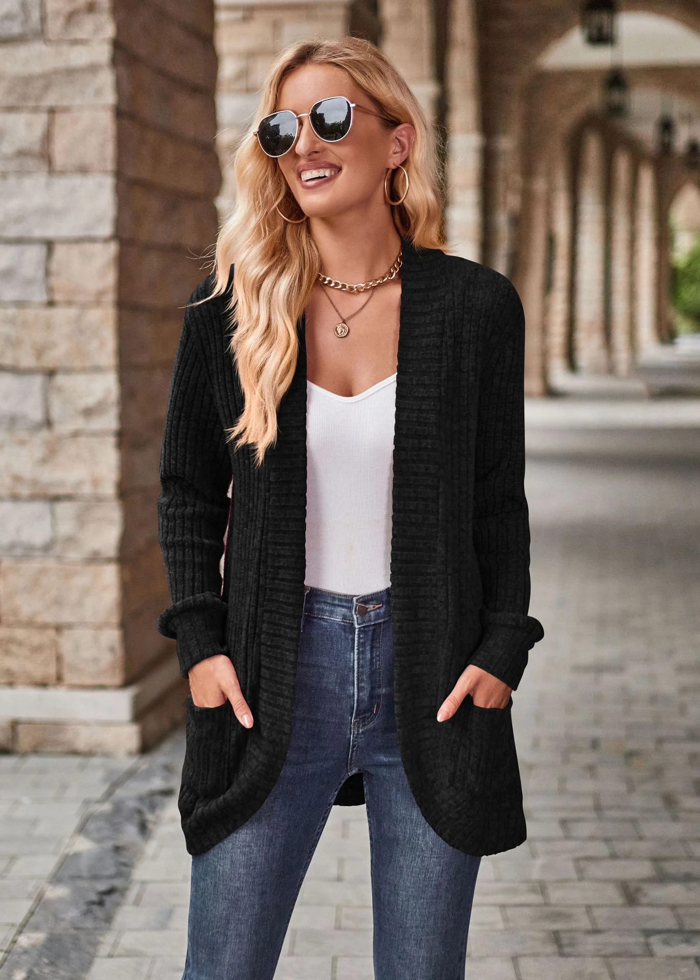 Herfst effen kleur cardigan met verzonken strepen, geborstelde stiksels en lange mouwen, een warme jas voor de herfst. — foto 24