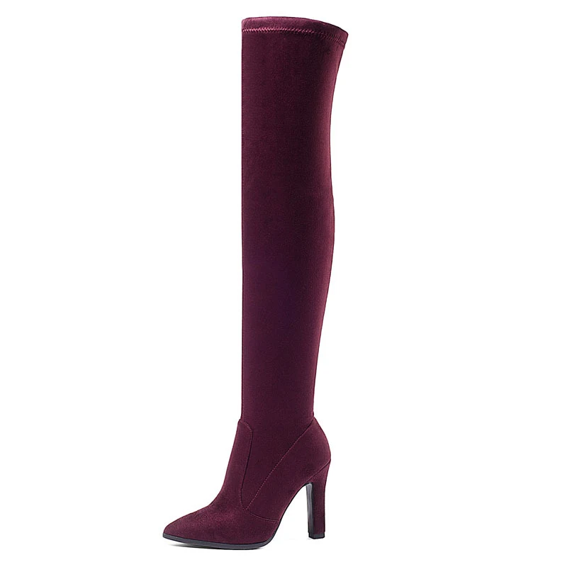 Botas femininas de camurça bico fino salto grosso sapatos de salto alto cano alto para alongar as pernas Botas de estiramento — foto 36