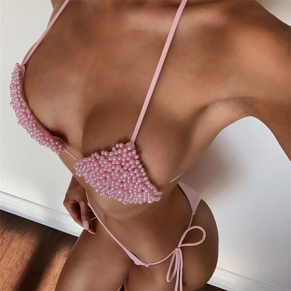Title 2, Bikini triangolo donna tinta unita con perline,...