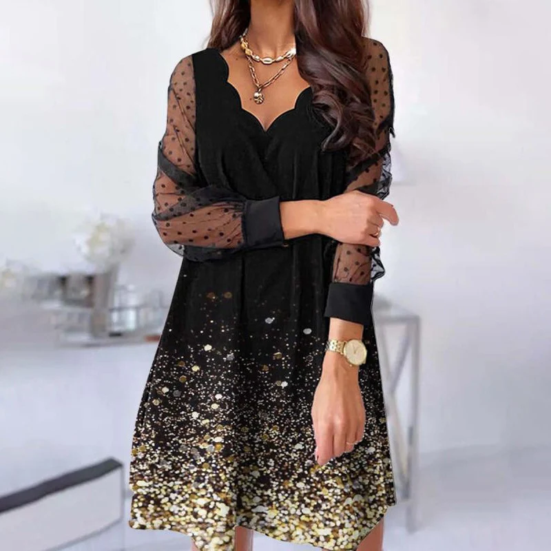 Title 6, Casual Lace Long Sleeve Wave V-neck Dress