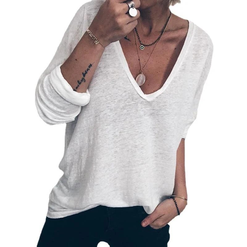 Title 7, Womens Casual Loose Long Sleeve Solid V-Neck P...