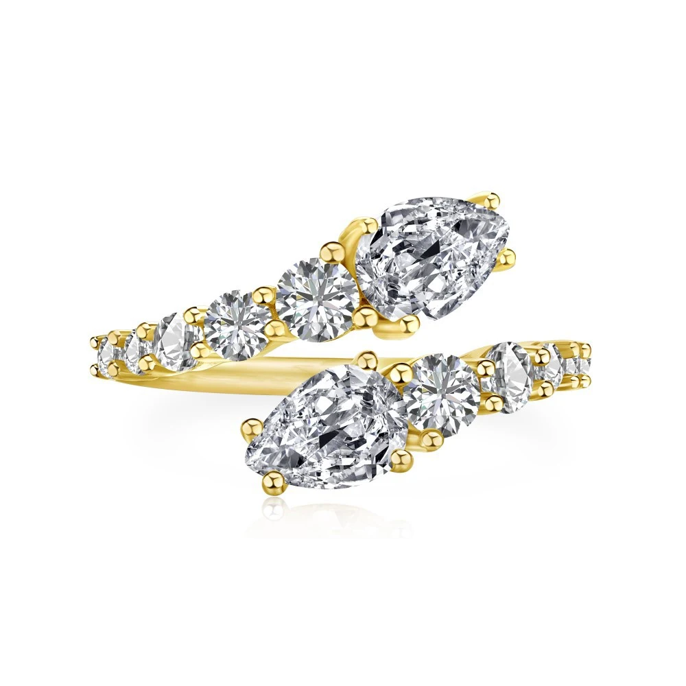 Anel de prata S925 com zircônia em formato de pera, aberto, alto carbono, brilho intenso. Joia elegante e sofisticada, ideal para mulheres. — foto 1