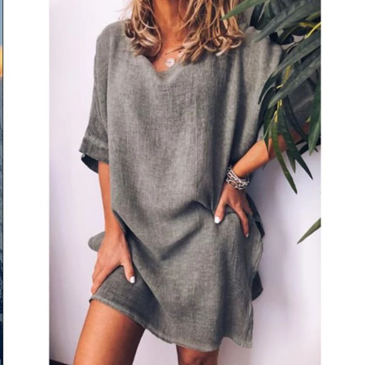 Title 5, Summer leisure cotton and linen solid color hem...