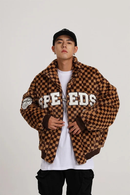 Title 7, Mens Fashion Checkerboard Lamb Plush Coat. War...