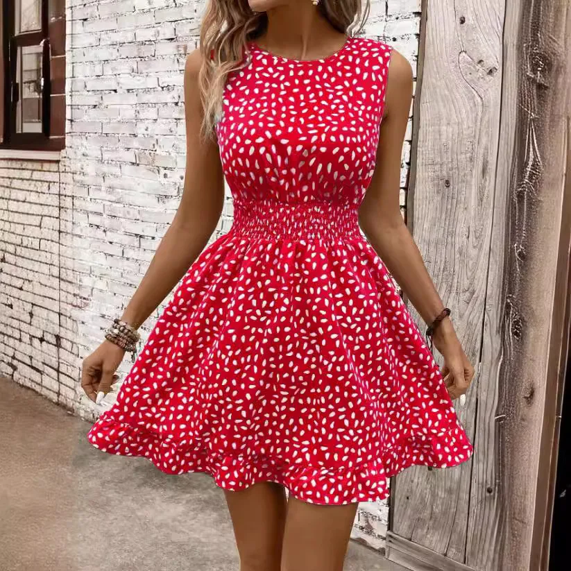 Vestido feminino sem mangas com gola redonda e estampa, com corte na cintura para um ajuste perfeito e valorizar a silhueta. Ideal para o verão. — foto 38
