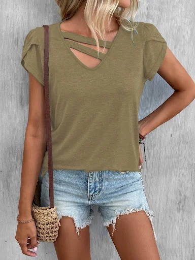 Title 7, Womens Solid Color And V-neck Petal Sleeve Loo...