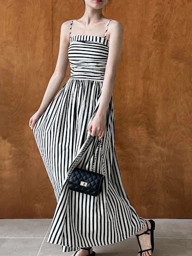 Title 8, French Striped Bandeau Sling Dress High-grade O...