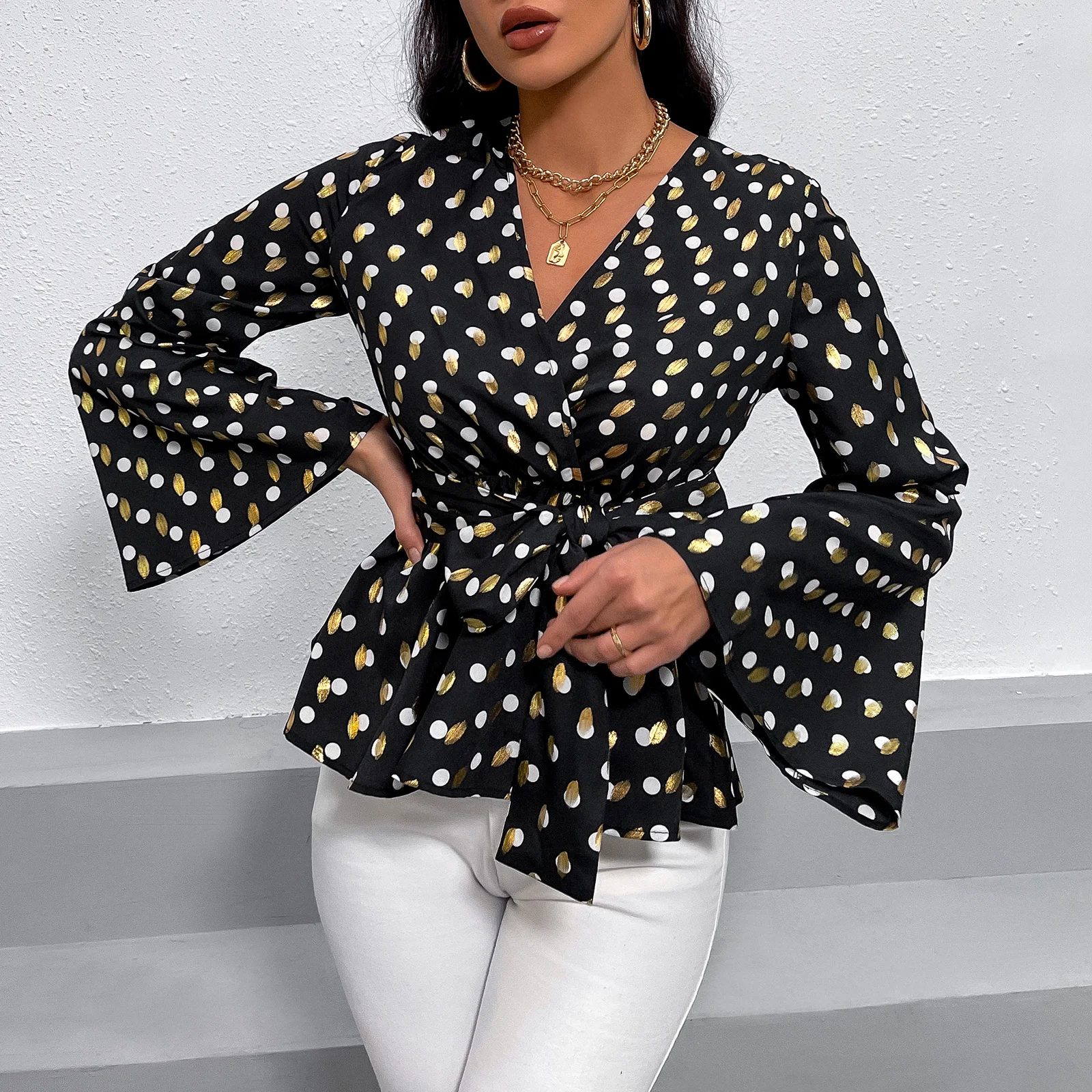 Title 5, New Slim Top Womens Pullover Print Chiffon V-N...