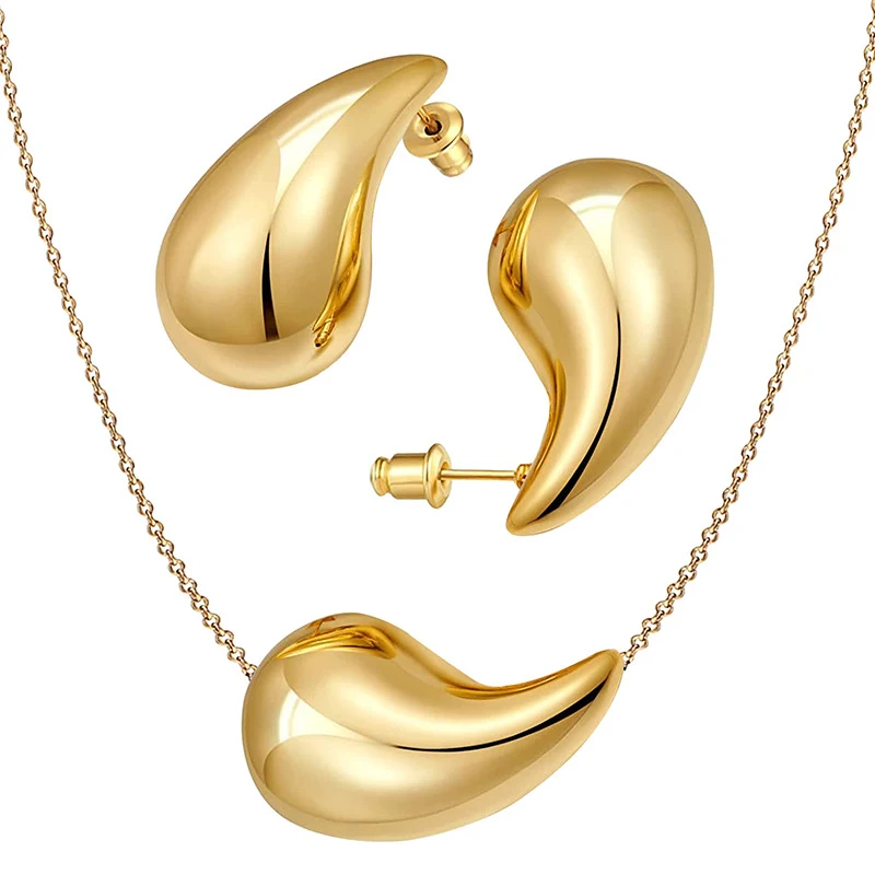 Conjunto de Brincos Argola Grossa Ouro 18K 2023 e Colar Gota Vazada Feminino Conjunto de Joias da Moda Elegância e estilo para mulheres — foto 6